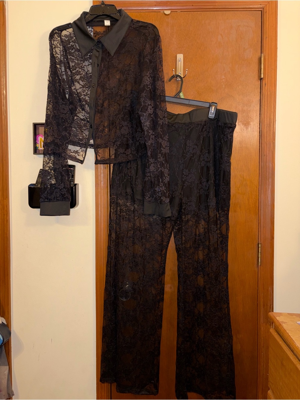 SHEIN Black Sheer Lace Pantsuit Set with Collared Button-Up Top